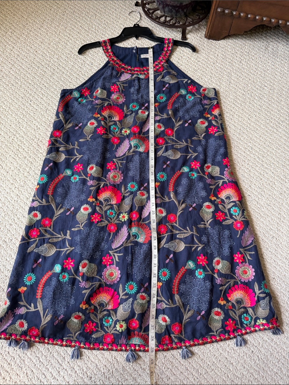 Navy Floral Embroidered Halter 100% Cotton Resort Style Dress - Picture 12 of 12